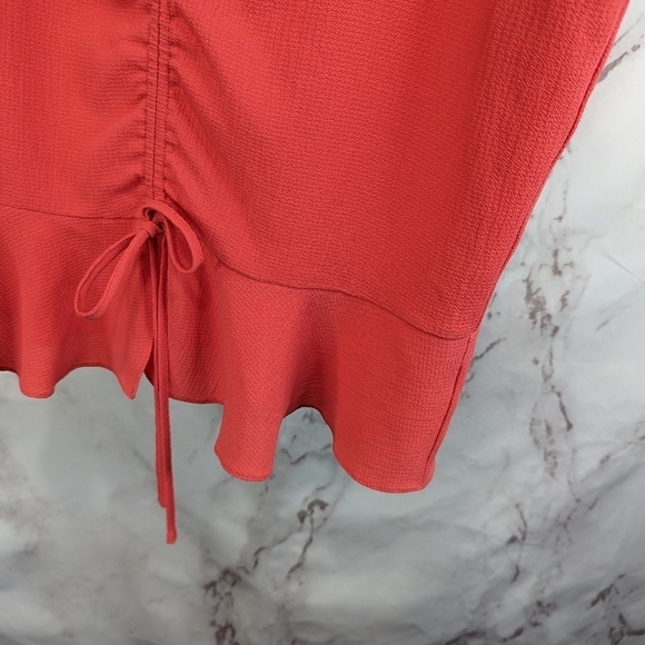 Wayf Shirt Womens Large Pink Salmon Coral Peplum Flutter Tie V Neck Crepe Blouse - Picture 4 of 11